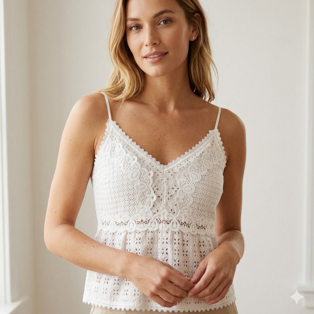 Abercrombie & Fitch White Eyelet Smocked Peplum Eyelet Cami Top M Cottagecore